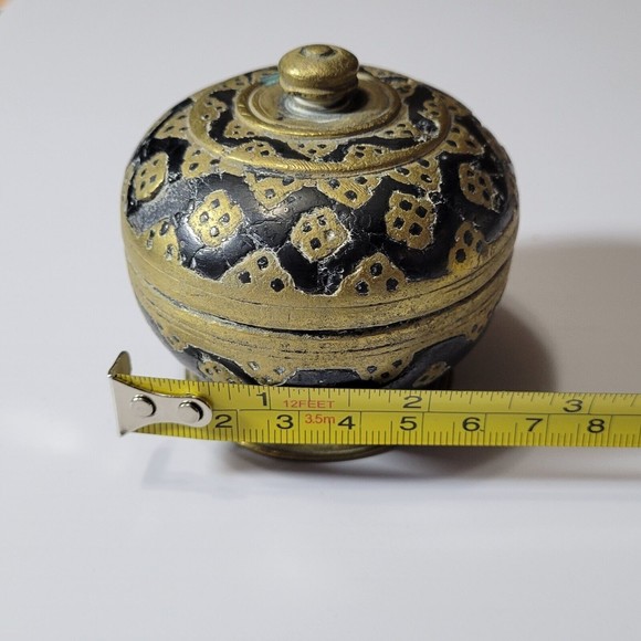 Vintage Chinese Brass Trinket Dish Enamel on Brass Geometric Design Heavy - Picture 6 of 7